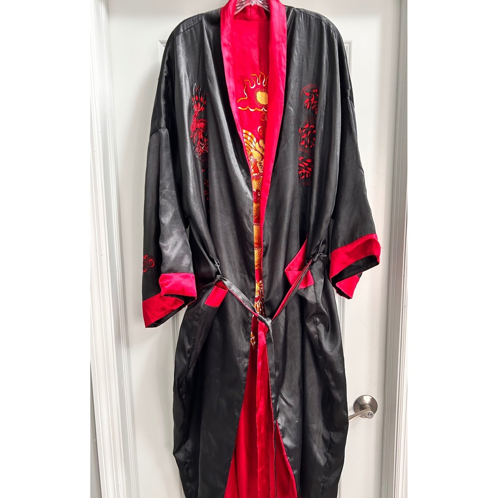 Vintage Reversible Dragon Phoenix Embroidered Kimono Robe Black Red Robe Unisex